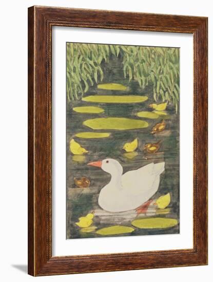 Mother Duck in the Pond with Her Ducklings-Linda Benton-Framed Giclee Print