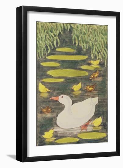 Mother Duck in the Pond with Her Ducklings-Linda Benton-Framed Giclee Print