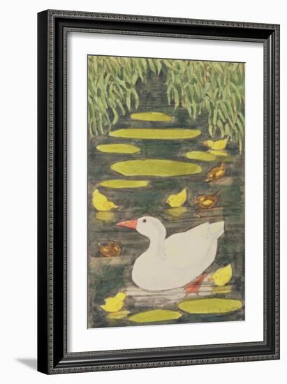 Mother Duck in the Pond with Her Ducklings-Linda Benton-Framed Giclee Print