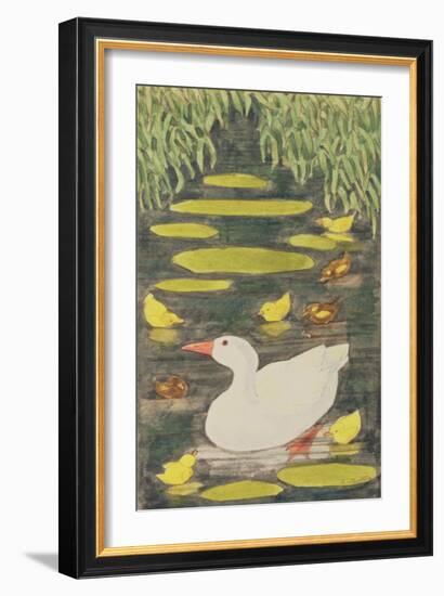 Mother Duck in the Pond with Her Ducklings-Linda Benton-Framed Giclee Print