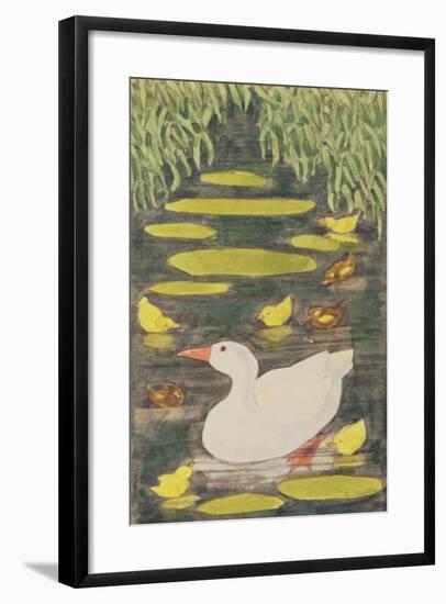 Mother Duck in the Pond with Her Ducklings-Linda Benton-Framed Giclee Print