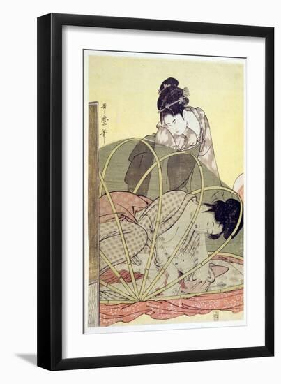 Mother Nursing Baby under Mosquito Net Par Utamaro, Kitagawa (1753-1806), C. 1795 - Colour Woodcut,-Kitagawa Utamaro-Framed Giclee Print