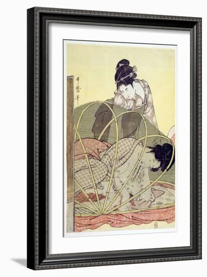 Mother Nursing Baby under Mosquito Net Par Utamaro, Kitagawa (1753-1806), C. 1795 - Colour Woodcut,-Kitagawa Utamaro-Framed Giclee Print