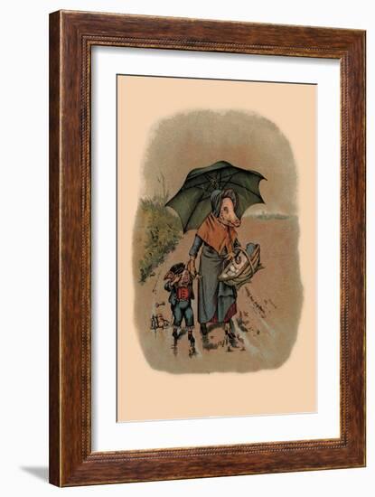 Mother Pig and Sad Little Pig Walking in the Rain-A. Gual-Framed Art Print