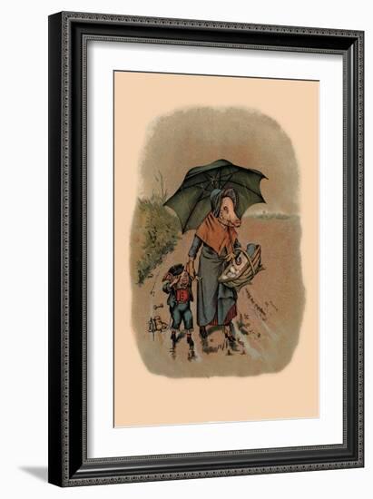 Mother Pig and Sad Little Pig Walking in the Rain-A. Gual-Framed Art Print