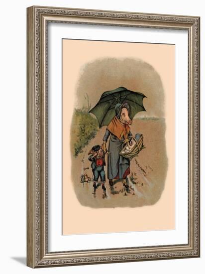 Mother Pig and Sad Little Pig Walking in the Rain-A. Gual-Framed Art Print