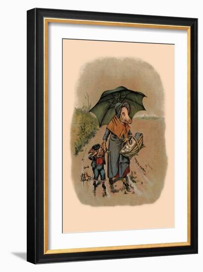 Mother Pig and Sad Little Pig Walking in the Rain-A. Gual-Framed Art Print