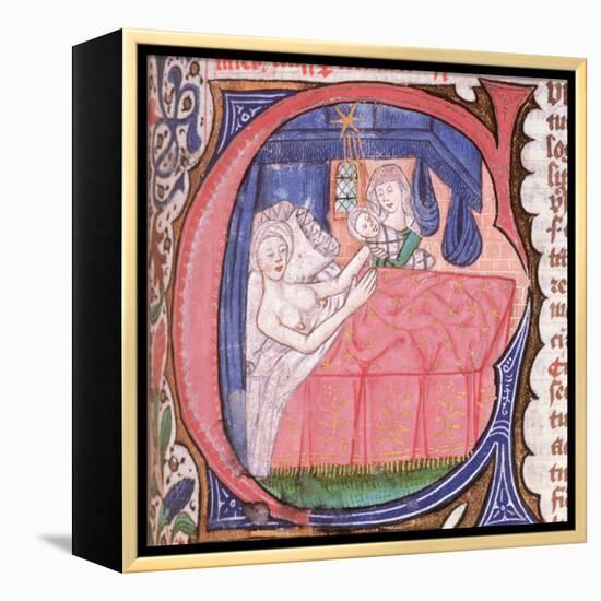 Mother receiving her newly born baby in bed, from Liber introductorium ad iudicia stellarum-Italian-Framed Premier Image Canvas
