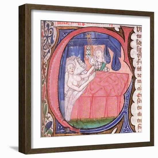 Mother receiving her newly born baby in bed, from Liber introductorium ad iudicia stellarum-Italian-Framed Giclee Print