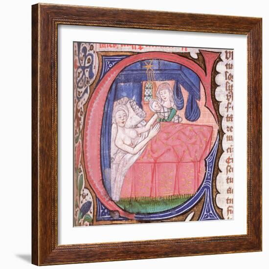 Mother receiving her newly born baby in bed, from Liber introductorium ad iudicia stellarum-Italian-Framed Giclee Print