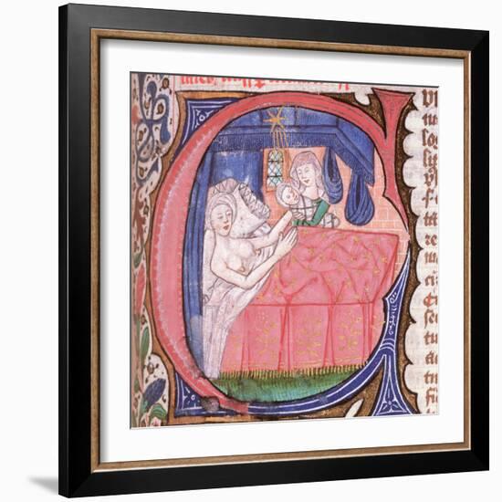 Mother receiving her newly born baby in bed, from Liber introductorium ad iudicia stellarum-Italian-Framed Giclee Print