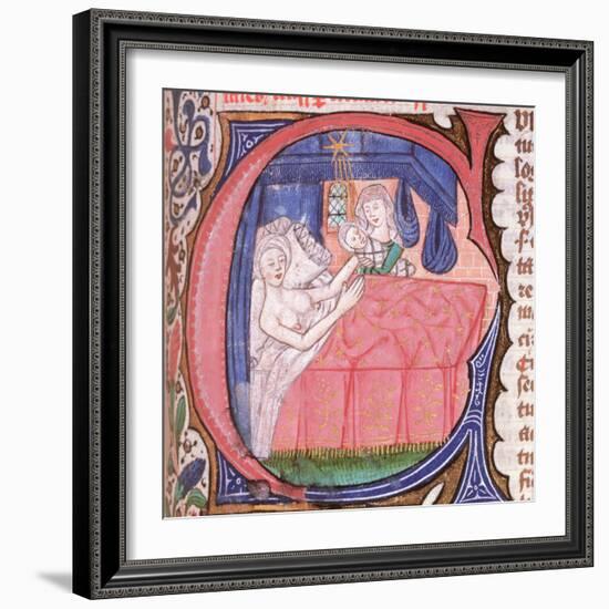 Mother receiving her newly born baby in bed, from Liber introductorium ad iudicia stellarum-Italian-Framed Giclee Print