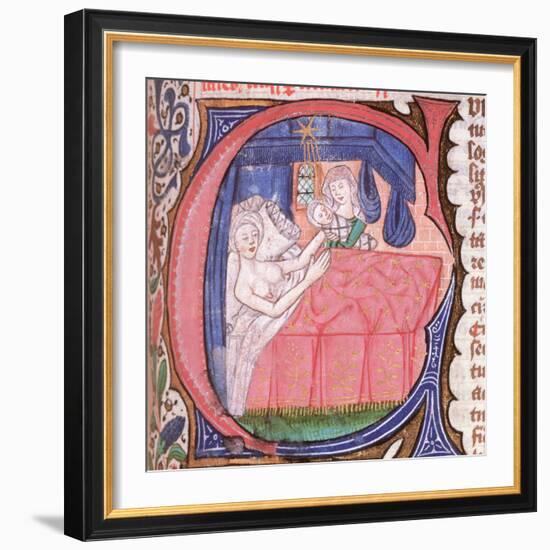 Mother receiving her newly born baby in bed, from Liber introductorium ad iudicia stellarum-Italian-Framed Giclee Print