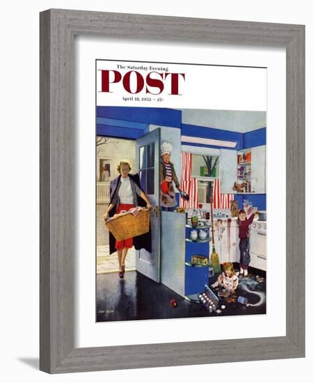 "Mother's Little Helpers" Saturday Evening Post Cover, April 18, 1953-John Falter-Framed Giclee Print