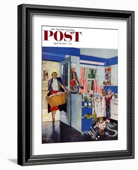 "Mother's Little Helpers" Saturday Evening Post Cover, April 18, 1953-John Falter-Framed Giclee Print