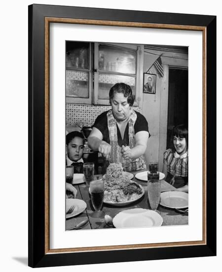 Mother Serving Spaghetti to Her Children-null-Framed Photographic Print