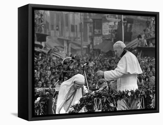 Mother Teresa Ascends the Podium to Stand Side by Side with Pope John Paul II-null-Framed Premier Image Canvas