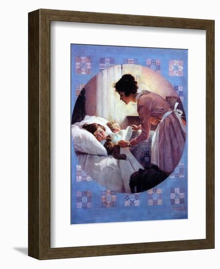 Mother Tucking Children into Bed-Norman Rockwell-Framed Giclee Print