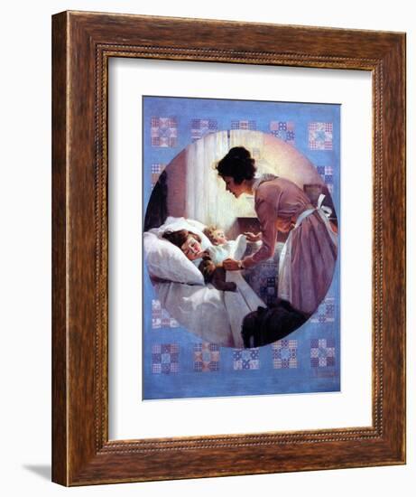 Mother Tucking Children into Bed-Norman Rockwell-Framed Giclee Print