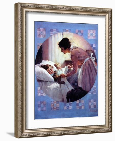 Mother Tucking Children into Bed-Norman Rockwell-Framed Giclee Print