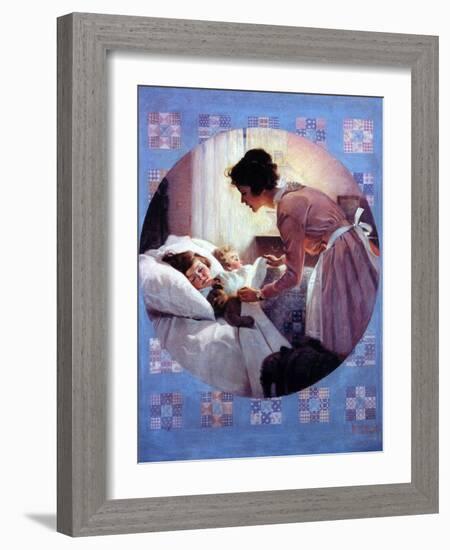 Mother Tucking Children into Bed-Norman Rockwell-Framed Giclee Print