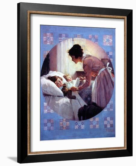 Mother Tucking Children into Bed-Norman Rockwell-Framed Giclee Print
