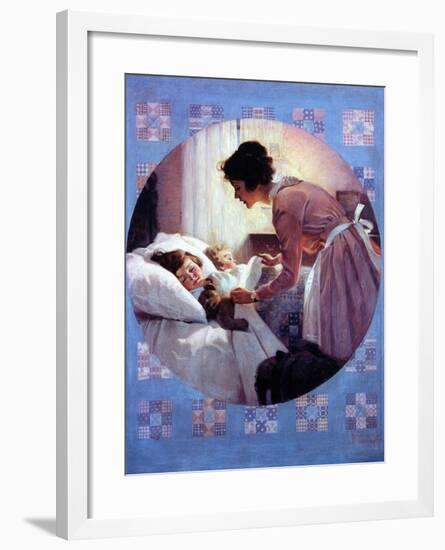 Mother Tucking Children into Bed-Norman Rockwell-Framed Giclee Print