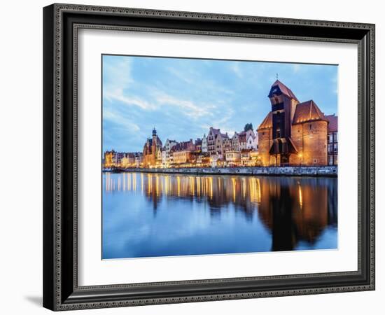 Motlawa River and Medieval Port Crane Zuraw at twilight, Old Town, Gdansk, Pomeranian Voivodeship,-Karol Kozlowski-Framed Photographic Print