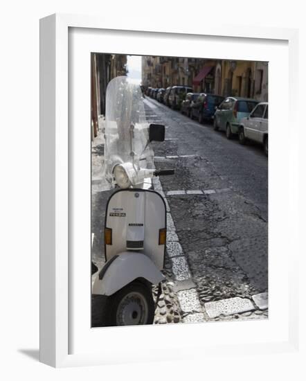 Motor Scooter Parked on Street, Cefalu, Sicily, Italy, Europe-Martin Child-Framed Photographic Print