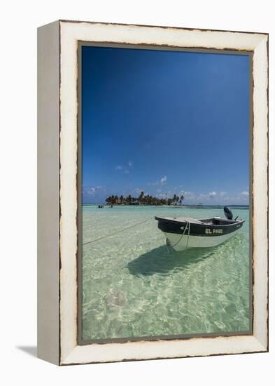 Motorboat anchoring in the turquoise waters of El Acuario, San Andres, Caribbean Sea, Colombia, Sou-Michael Runkel-Framed Premier Image Canvas