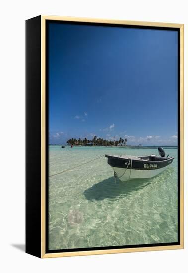 Motorboat anchoring in the turquoise waters of El Acuario, San Andres, Caribbean Sea, Colombia, Sou-Michael Runkel-Framed Premier Image Canvas