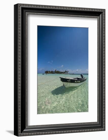 Motorboat anchoring in the turquoise waters of El Acuario, San Andres, Caribbean Sea, Colombia, Sou-Michael Runkel-Framed Photographic Print