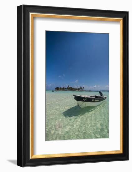 Motorboat anchoring in the turquoise waters of El Acuario, San Andres, Caribbean Sea, Colombia, Sou-Michael Runkel-Framed Photographic Print