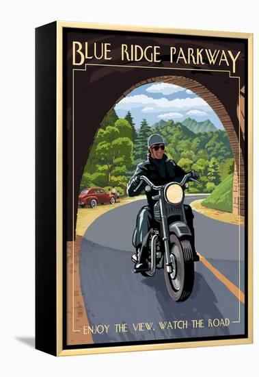 Motorcycle and Tunnel - Blue Ridge Parkway-Lantern Press-Framed Stretched Canvas