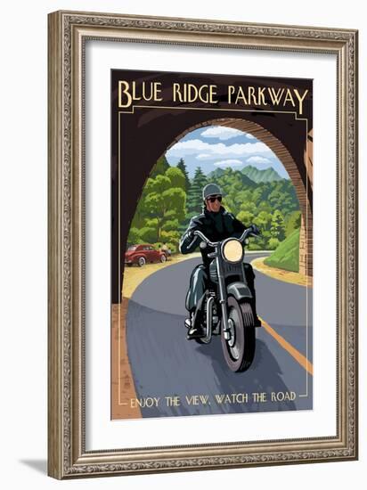 Motorcycle and Tunnel - Blue Ridge Parkway-Lantern Press-Framed Art Print