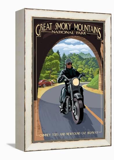 Motorcycle and Tunnel - Great Smoky Mountains National Park, TN-Lantern Press-Framed Stretched Canvas