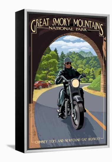 Motorcycle and Tunnel - Great Smoky Mountains National Park, TN-Lantern Press-Framed Stretched Canvas