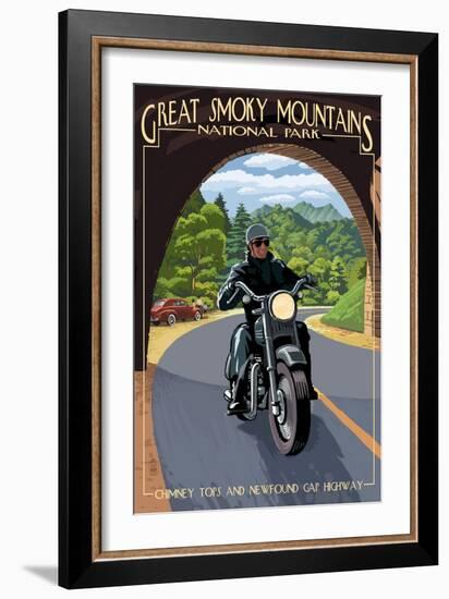 Motorcycle and Tunnel - Great Smoky Mountains National Park, TN-Lantern Press-Framed Art Print