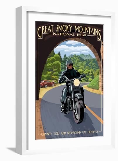 Motorcycle and Tunnel - Great Smoky Mountains National Park, TN-Lantern Press-Framed Art Print