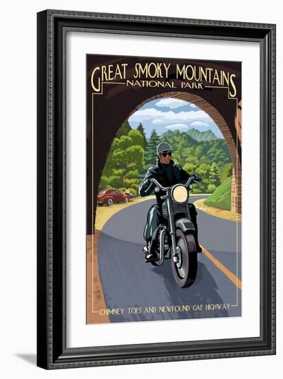 Motorcycle and Tunnel - Great Smoky Mountains National Park, TN-Lantern Press-Framed Art Print