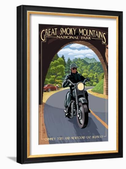 Motorcycle and Tunnel - Great Smoky Mountains National Park, TN-Lantern Press-Framed Art Print