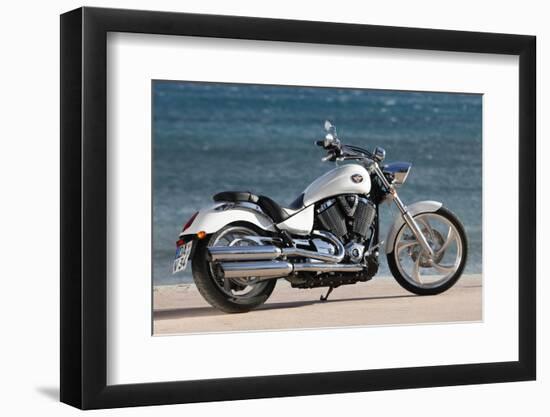 Motorcycle, Cruiser, Victory, White Metallic, Sea in the Background, Diagonal-Fact-Framed Photographic Print
