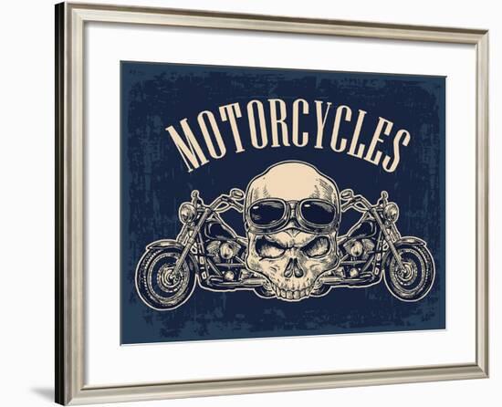 Motorcycle Side View and Skull with Glasses. View over the Handlebars. Vector Engraved Illustration-MoreVector-Framed Art Print