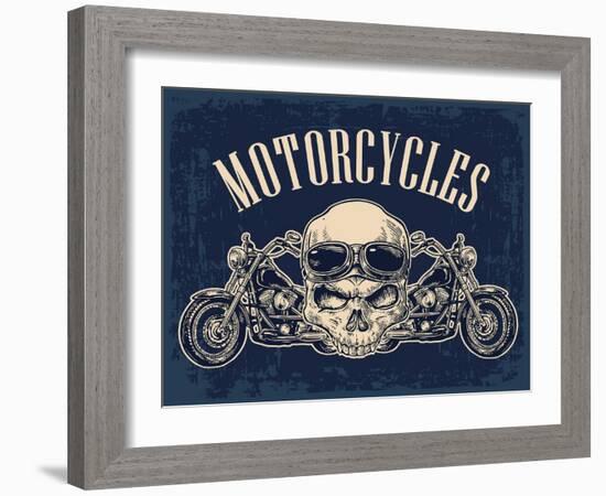 Motorcycle Side View and Skull with Glasses. View over the Handlebars. Vector Engraved Illustration-MoreVector-Framed Art Print