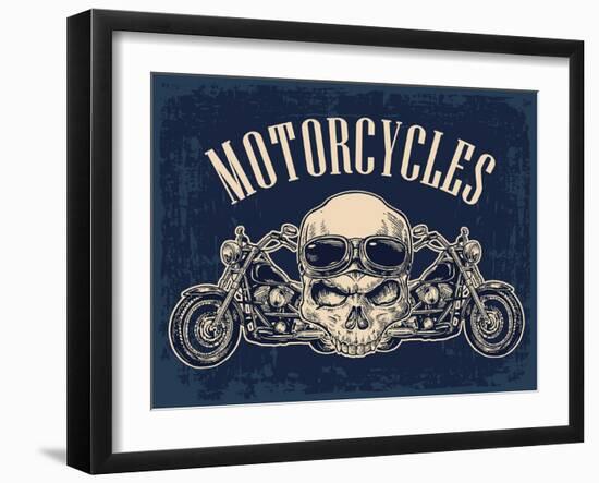 Motorcycle Side View and Skull with Glasses. View over the Handlebars. Vector Engraved Illustration-MoreVector-Framed Art Print