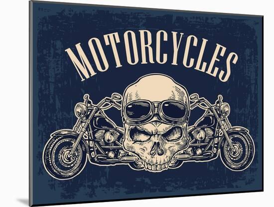Motorcycle Side View and Skull with Glasses. View over the Handlebars. Vector Engraved Illustration-MoreVector-Mounted Art Print