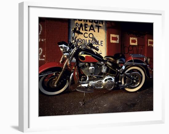 Motorcycle with Brick Wall and Graffiti-null-Framed Photographic Print