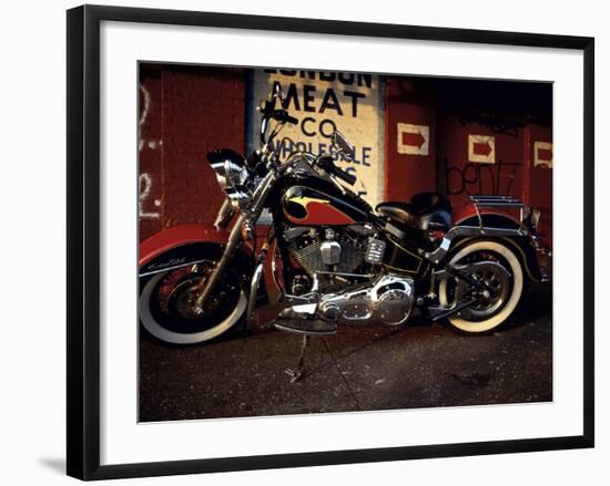 Motorcycle with Brick Wall and Graffiti-null-Framed Photographic Print