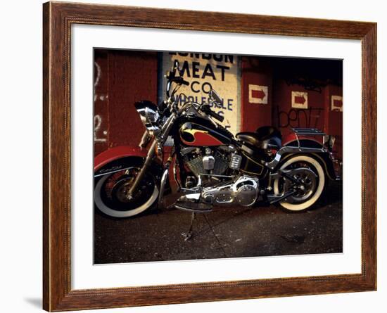 Motorcycle with Brick Wall and Graffiti-null-Framed Photographic Print