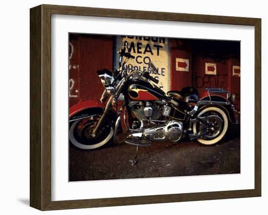 Motorcycle with Brick Wall and Graffiti-null-Framed Photographic Print